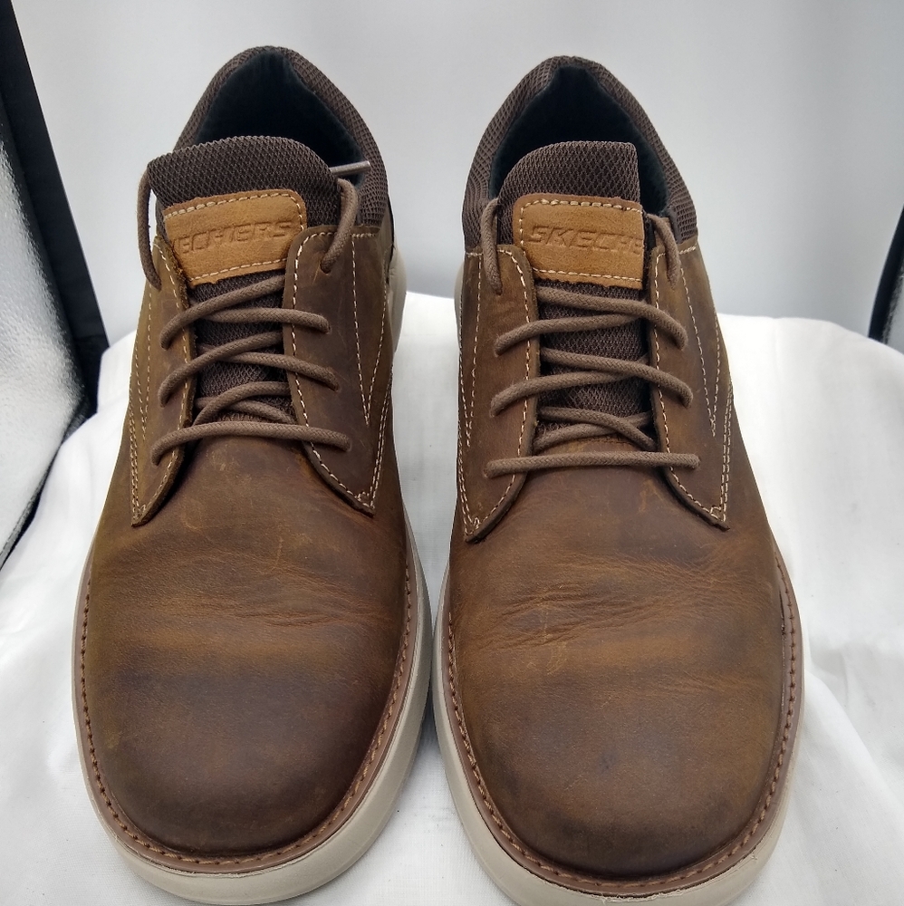 Skechers Mens 9.5Brown Leather RelaxedFit LaceUp Loafers Oxford Monk - Picture 4 of 10